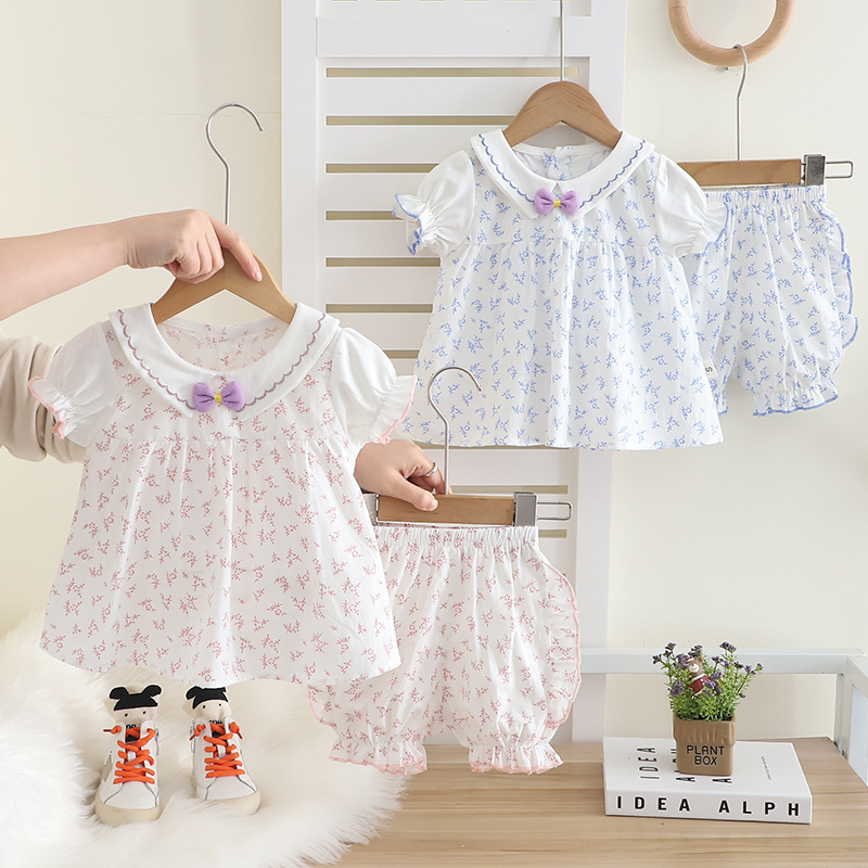 2025 summer girls short sleeve suit new foreign style children fried street full printed small floral short sleeve two-piece fashionable