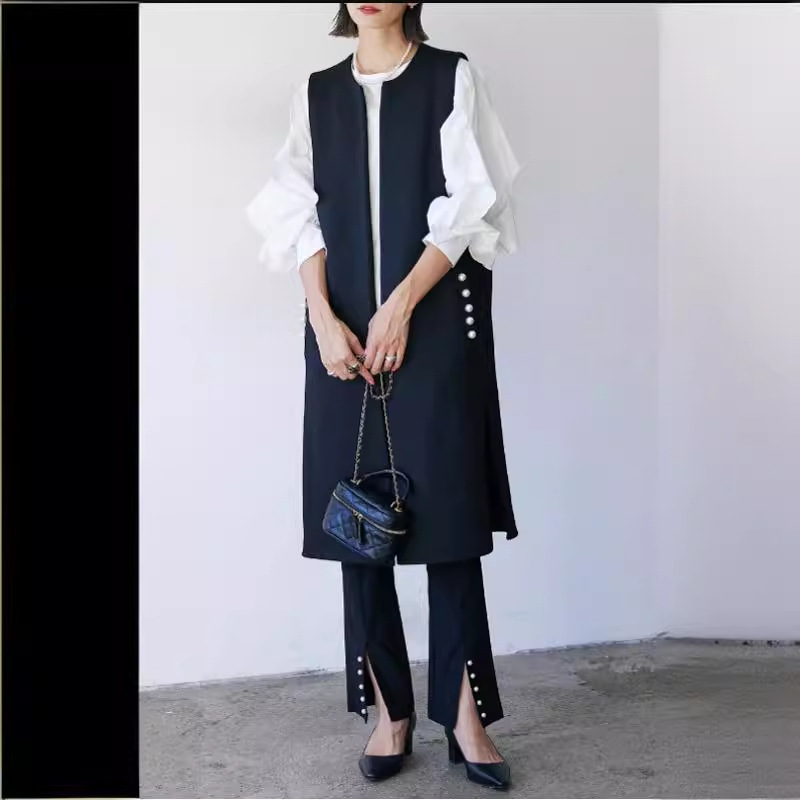 2024 Japanese Women's High-end Pearl Vest Fashion Vest Long Vest Jacket Cardigan