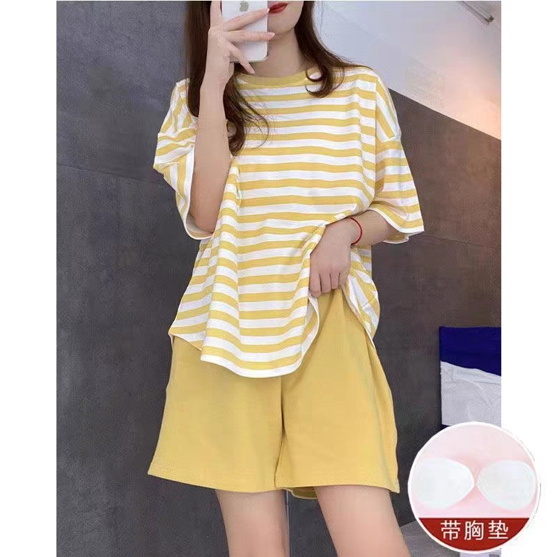 Pajamas Women's Summer Thin Short-sleeved Stripes with Chest Pad Live Explosions Home Clothes suit Modal New Style