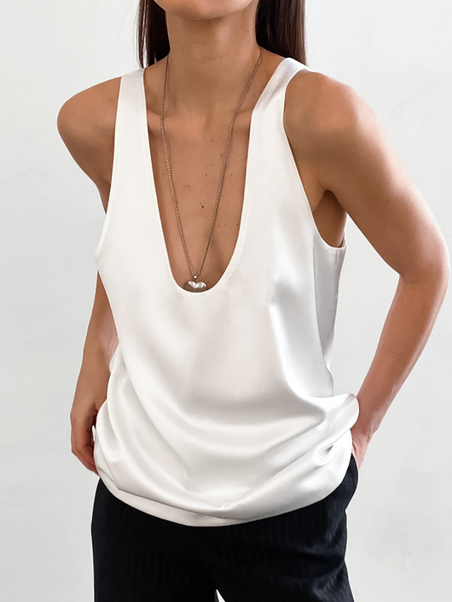 Picture of 2025 Summer New Pure Color Satin U-Neck Sleeveless T-Shirt European and American Versatile Street Style Vest Wholesale for Women