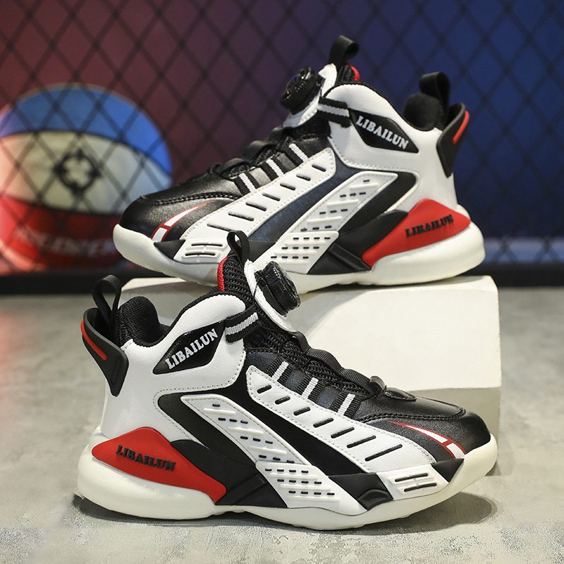 Winter Boys Shoes New Arrival Rotating Button Children's Running Shoes Leather fleece-lined Warm Shoes Boys Basketball sneaker
