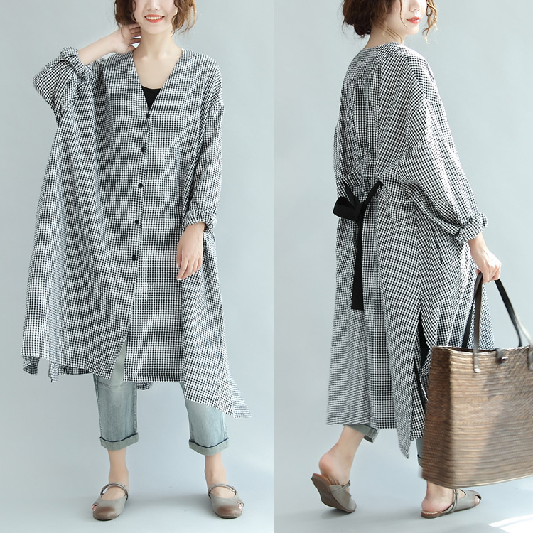 2025 Spring and Autumn Korean Style Fat Sister Back Waist Loose Slimming Mid-Length V Neck Open Button Plaid Dress