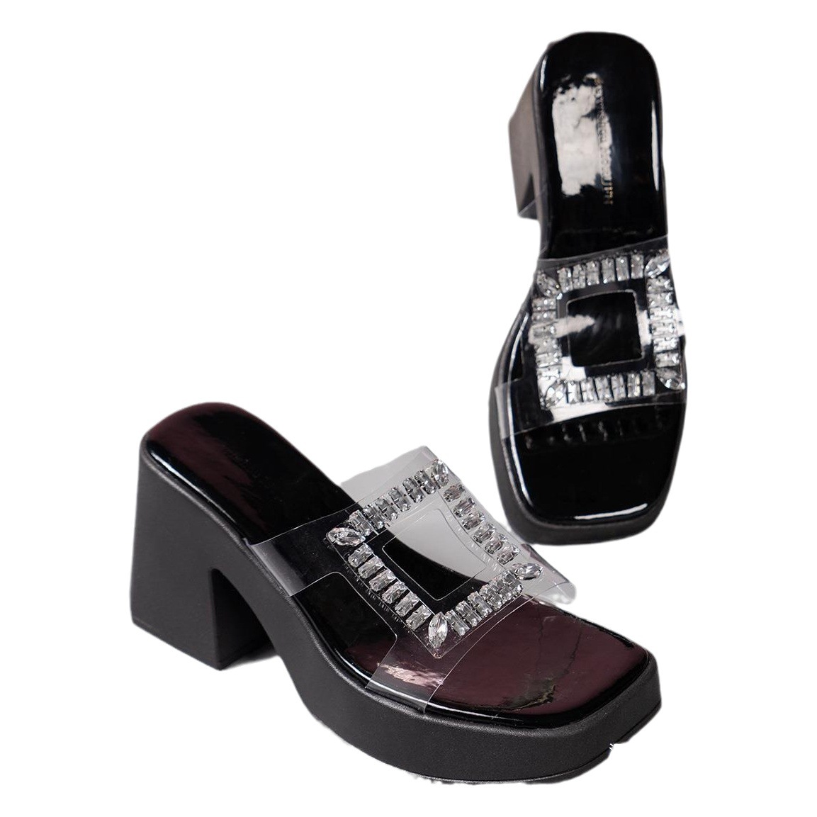 Southeast Asian foreign trade plus size high heel square toe rhinestone slippers women's outer wear waterproof platform thick bottom sandals wish