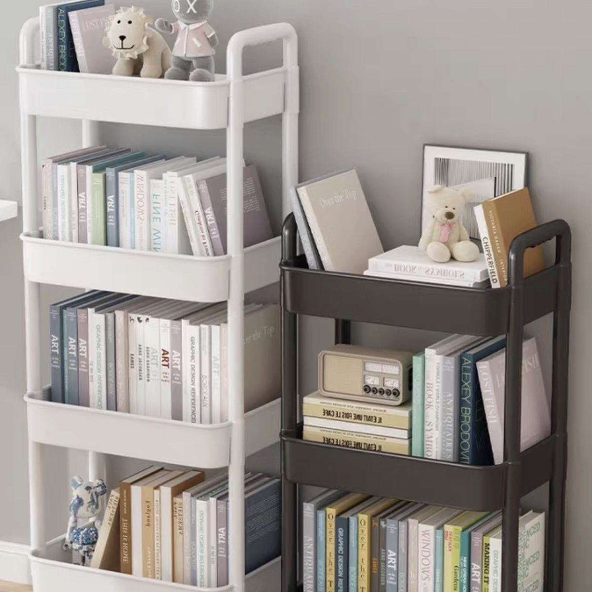 Movable bookshelf, storage shelf, children's toy storage rack, reading household cart, floor-standing simple bookcase