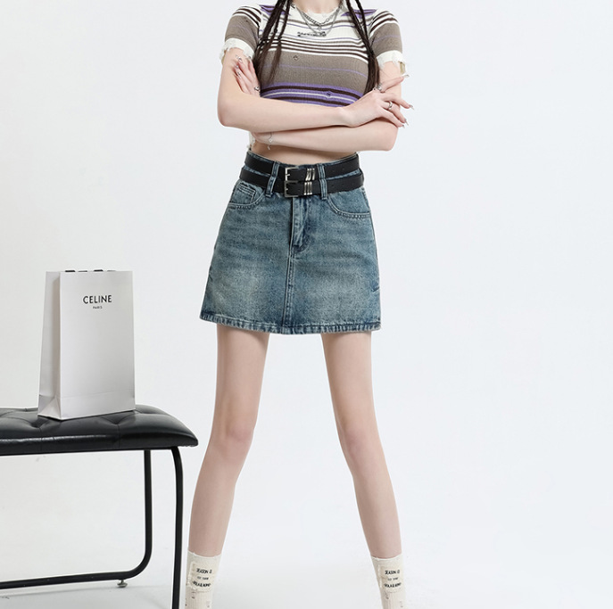Retro blue summer Denim short skirt women's summer new high waist slimming skirt (free Belt)