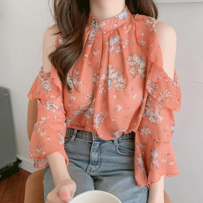 Picture of 2025 Spring/Summer New Korean Fashion Off-Shoulder Lady Print Flared Long-Sleeve Chiffon Blouse Women's Shirt