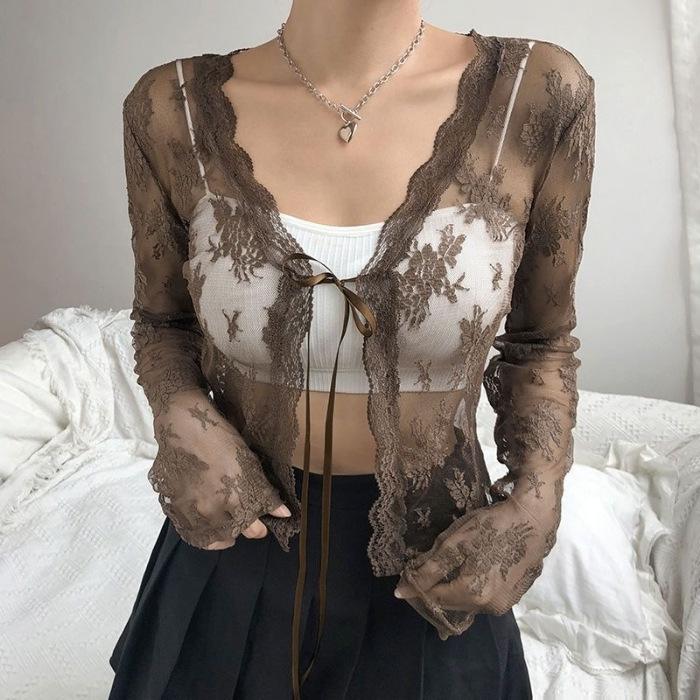 Picture of Cross-border Foreign Trade Sexy Spice Girl Lace Perspective Small Cardigan Women's Pure Desire Wind Lace-up Long Sleeve Sun Protection Cardigan Top