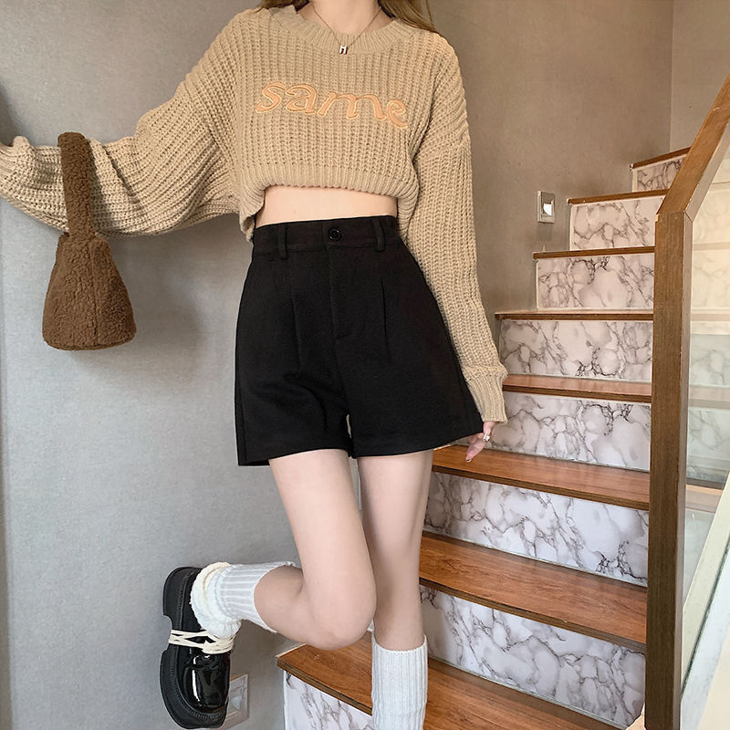 Woolen shorts wide leg boot pants for women 2023 autumn and winter New High waist slimming versatile woolen outer wear bottoming pants