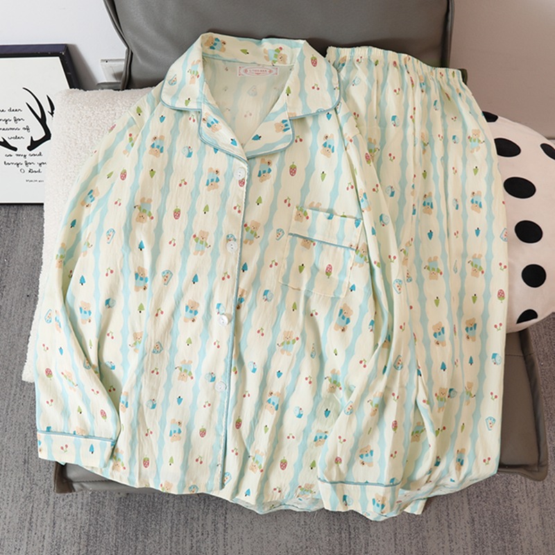 Picture of Online Celebrity Live Dopamine Color Striped Long Sleeve Pajamas Women's Loose Bubble Wrinkle Cute Cross-border suit Foreign Trade