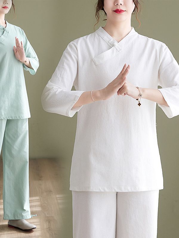 Picture of New Chinese Style Retro Buckle Slant Placket Loose Casual Cotton and Linen Zen Tea Suit Justices Yoga Taiji Suit for Women