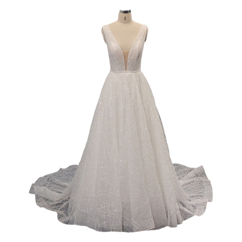 Double-Shoulder V-Neck Sexy Perspective Light Gauze Sequin Lace Full-Size Three-Dimensional Cut-Off A- Swing High Waist Backless Wedding Evening Dress
