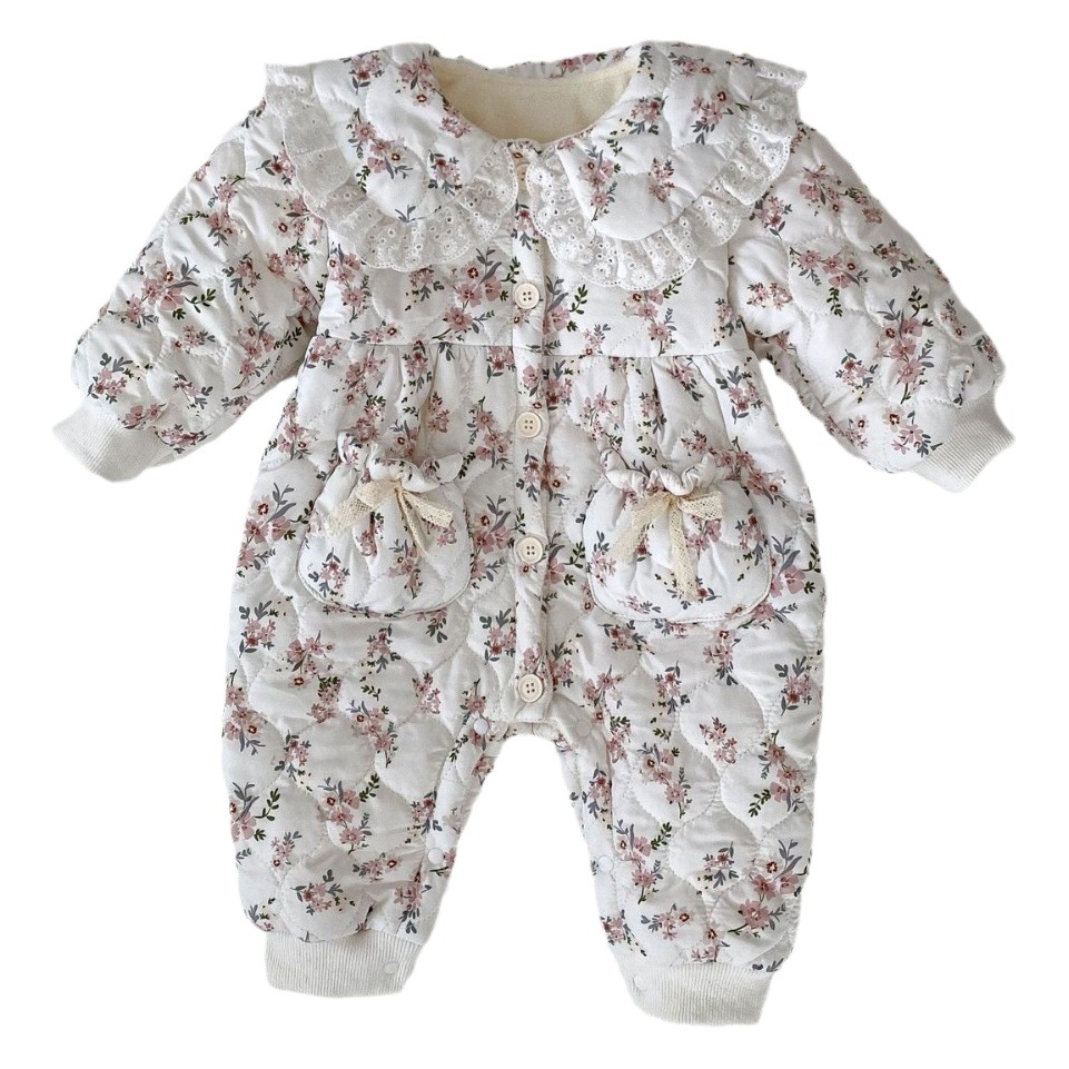 Internet celebrity baby girls' winter thickened romper girls' floral long-sleeved romper warm out baby quilted jumpsuit