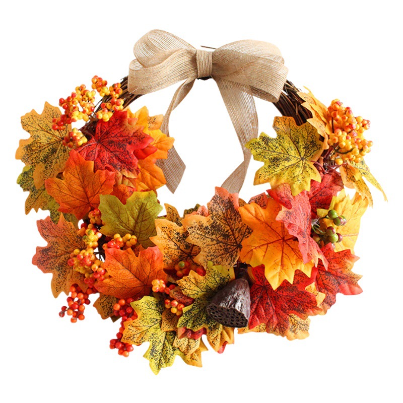 Zhongran Amazon simulation maple leaf bow wreath door hanging home autumn maple leaf rattan wall decoration wholesale