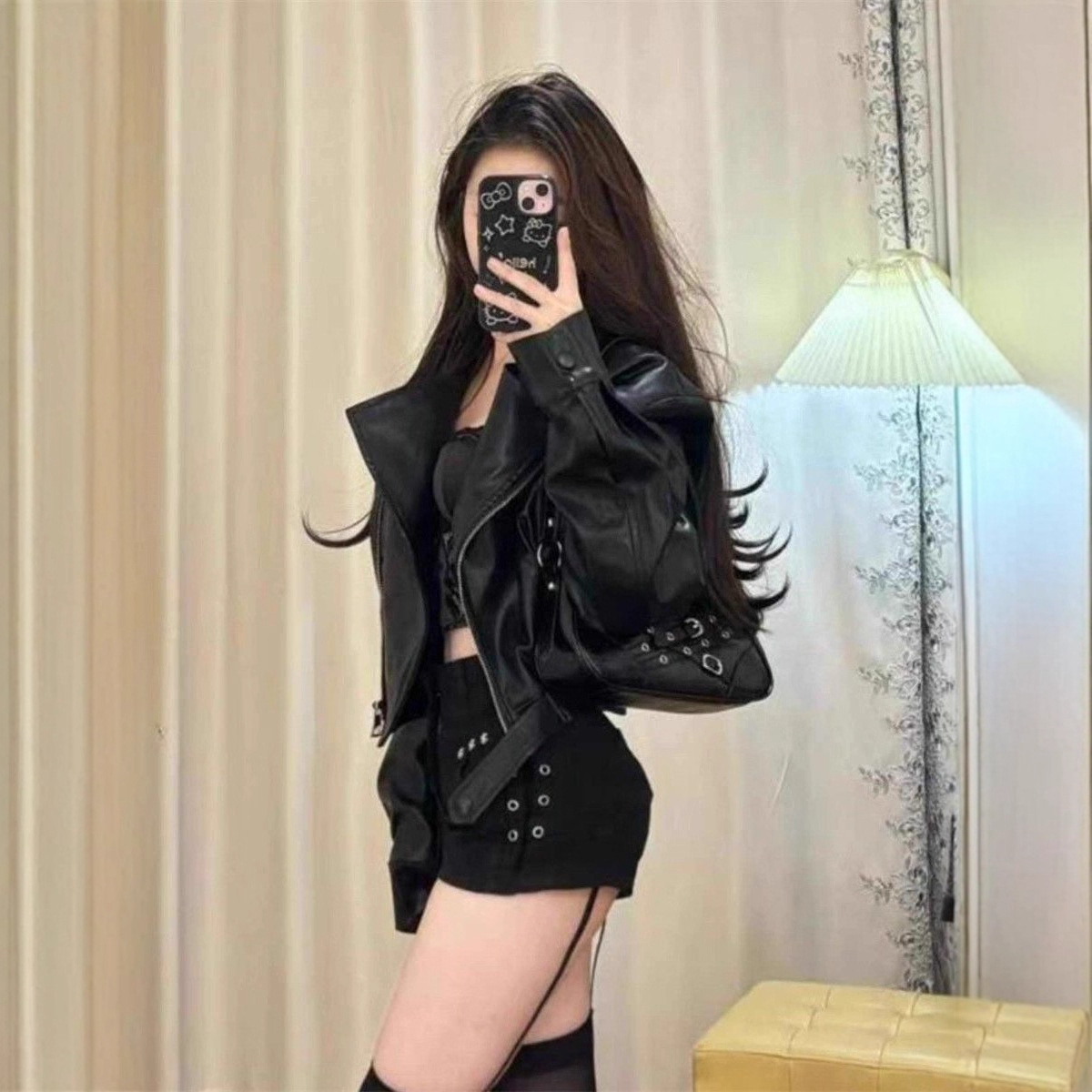 Picture of American hot girl black leather jacket female 2025 autumn small short motorcycle PU leather jacket sweet cool top