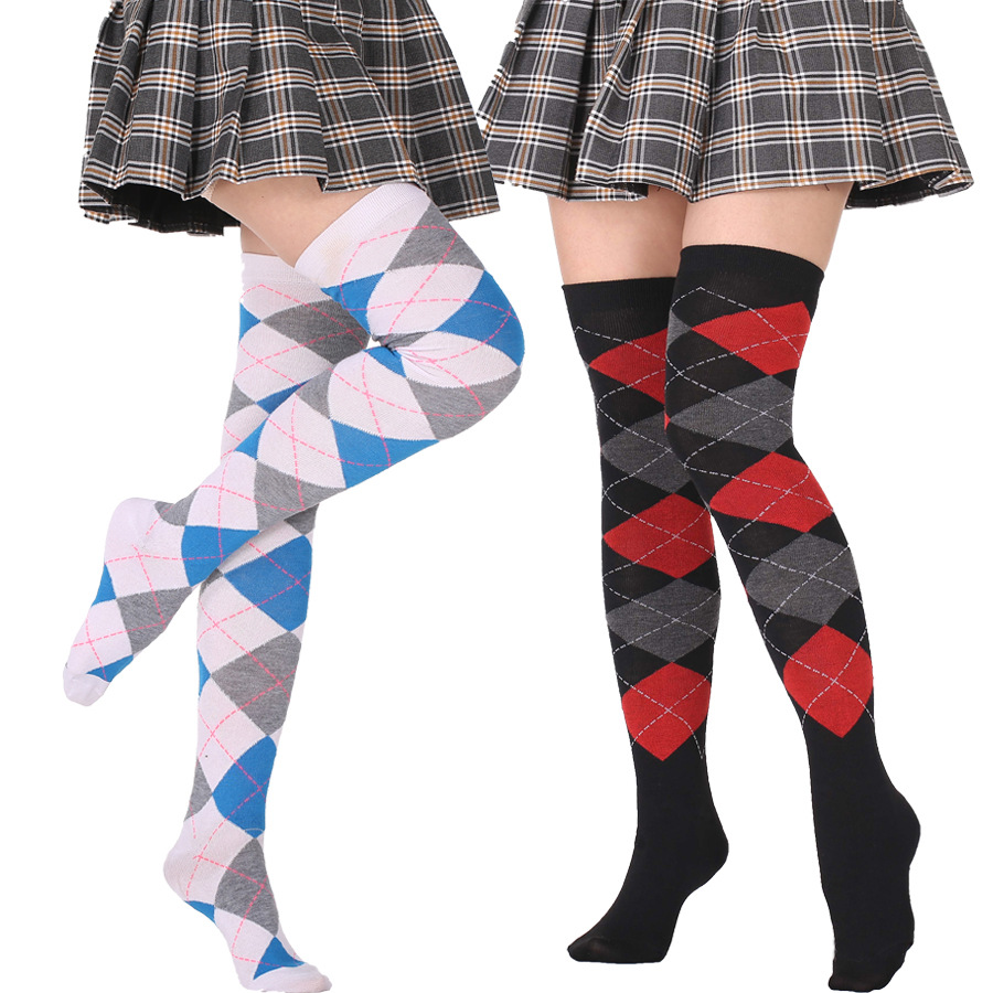 Socks European and American style diamond Plaid high elastic knee long socks ladies wholesale