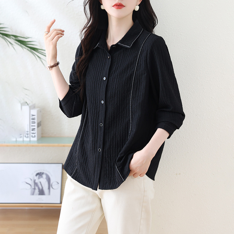 Picture of Real Shot Black Long Sleeve Shirt Women's Early Autumn New Salt Shrink Texture Temperament Daily Commuter Top