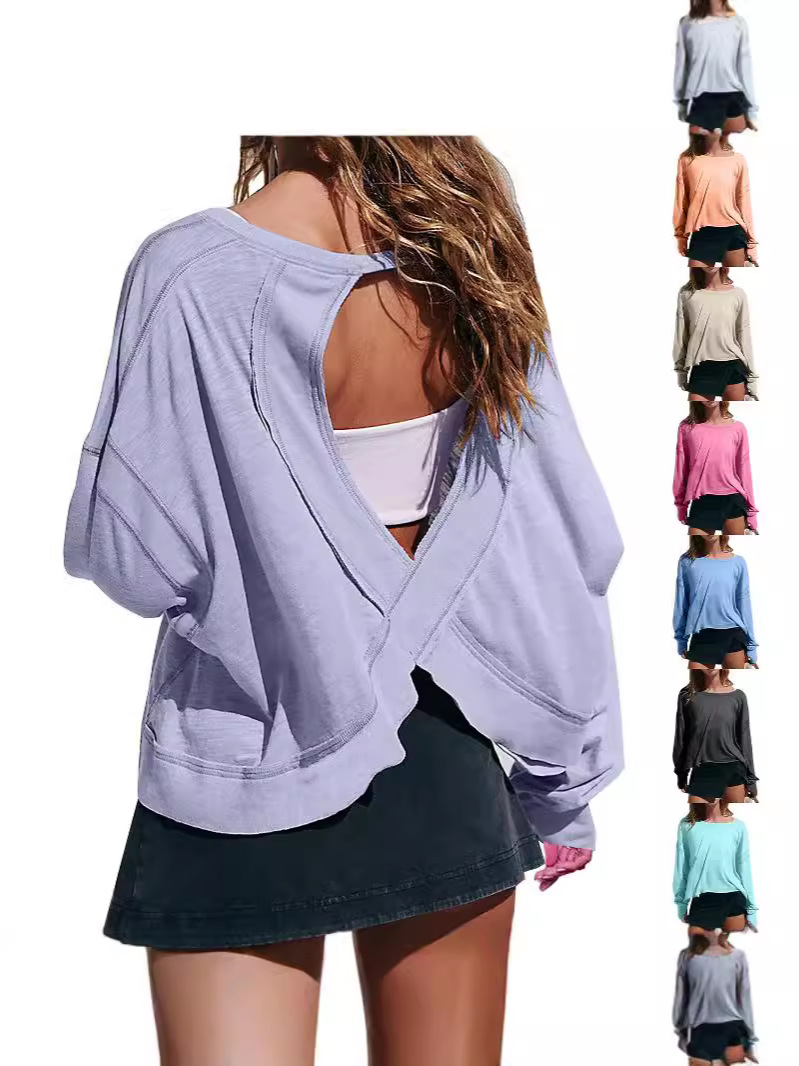Amazon foreign trade new hollow backless long sleeve fashion personality sports long sleeve cool clothes loose T-shirt
