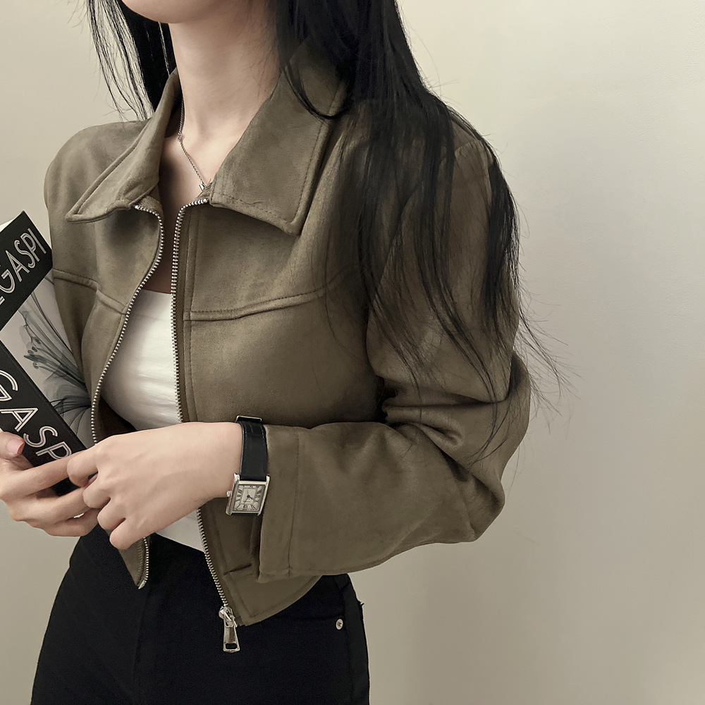 South Korea Chic Autumn French Retro Simple Slimming All-match Zipper Lapel Suede Jacket Short Coat for Women