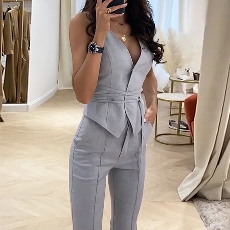Cross-border independent station foreign trade 2024 summer new suit temperament waist sexy vest leggings two-piece women