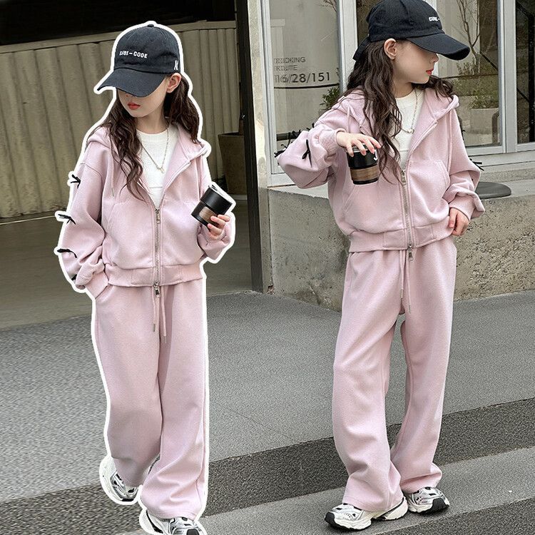 Girls' Korean-style Bow Sportswear suit Big Children's Spring and Autumn New Western-style Hooded Jacket Trousers Two-piece Set