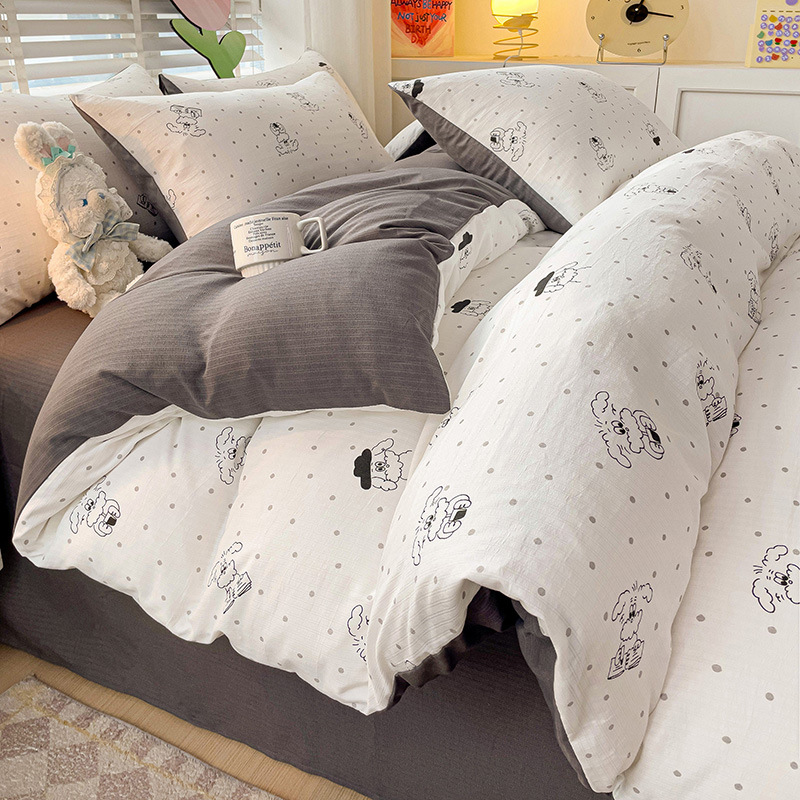 Picture of Class A Maternal and Infant Grade Fresh Small Zhu Cotton Four-piece Set Washed Cotton Bed Sheet Quilt Cover Three-piece Set for Student Dormitory