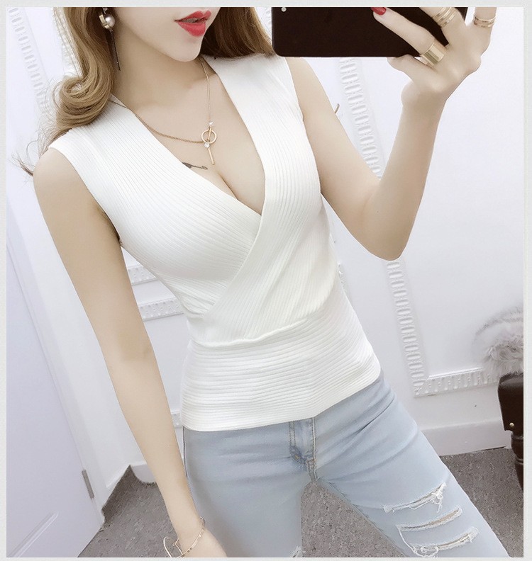 2023 Spring and Summer SleeVeless Sexy Low-cut Cross Deep V Neck Elastic Tight Knitwear Bottoming Vest Women's Top