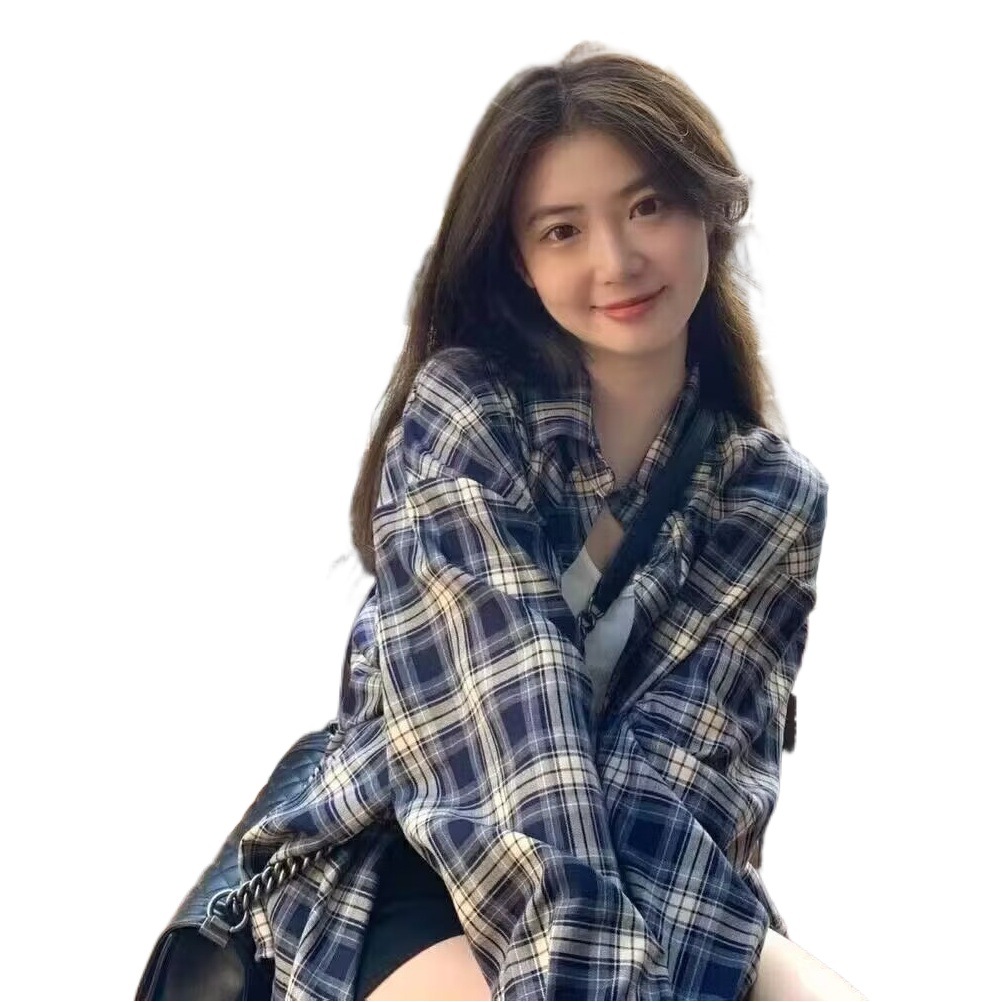 Cross-border Spring black and white plaid retro fashionable mid-length long sleeve shirt Women's salt design women's