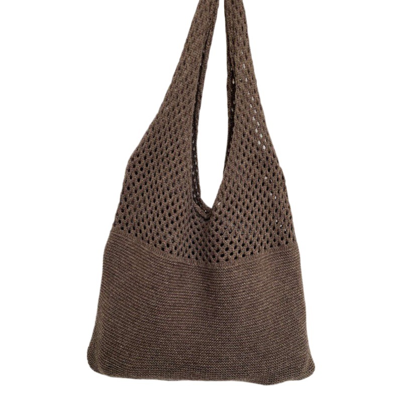 New Hand-woven Solid Color Hollow Knitted Wool Bag Autumn and Winter All-match Large Capacity Commuting Shoulder Bag Tote Bag