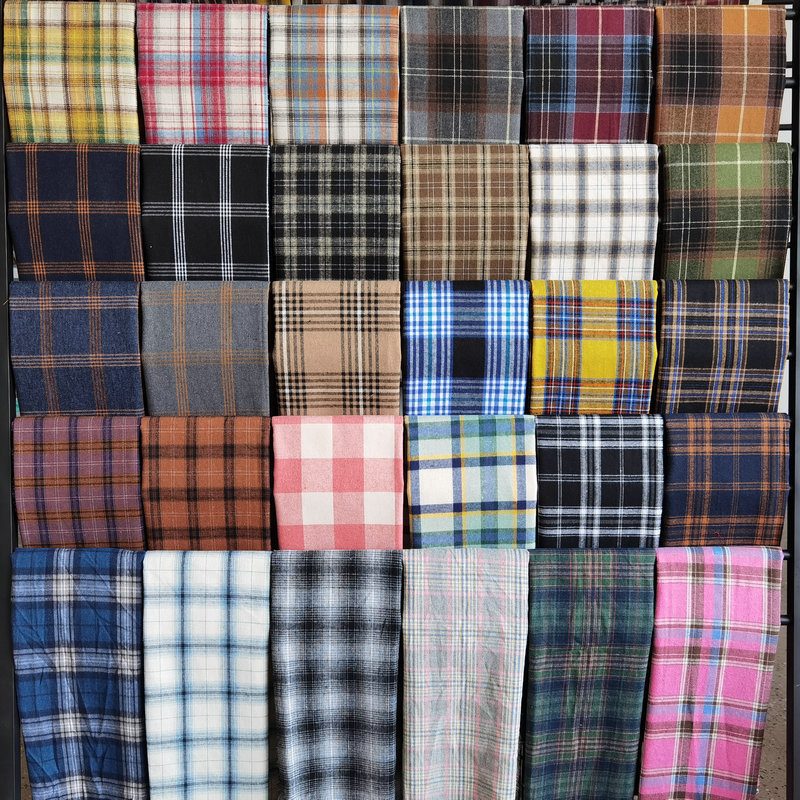in stock brushed plaid fabric spring and summer women's shirt cloth 21 polyester cotton woven flannel plaid lining
