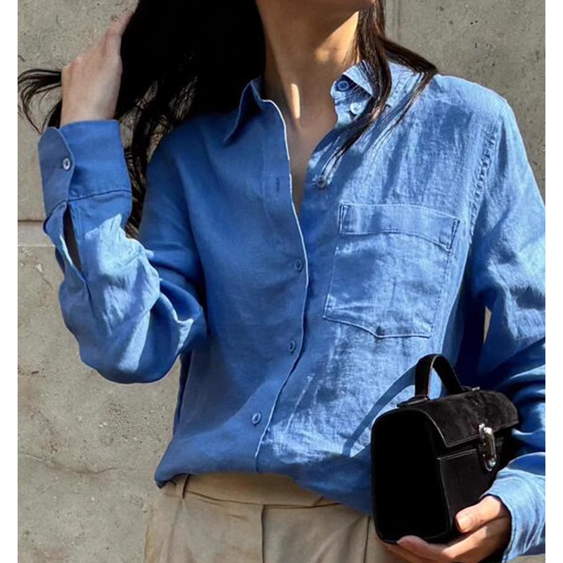 High-end fashion! Klein Blue Natural Linen Shirt Women's Summer Thin Fabric Comfortable Sun Top