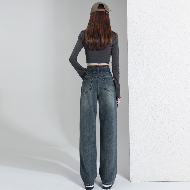 Picture of High Waist Wide-leg Pants Fleece-lined Jeans Women's Spring and Autumn 2023 New Style Small Straight-leg Pants Loose Pants Winter