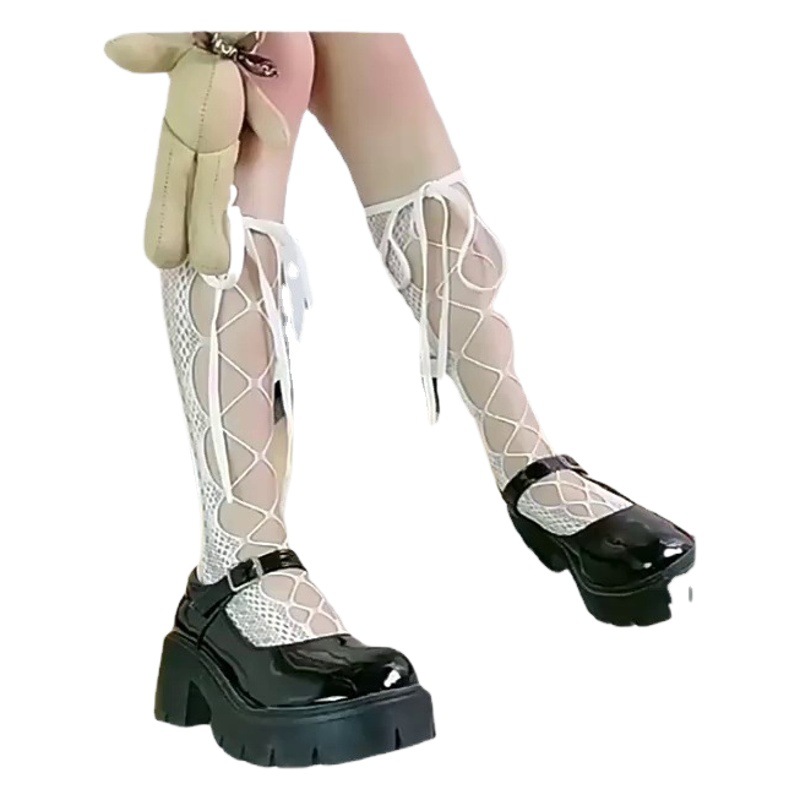Bow strap hollow calf socks summer thin net stockings lace white pure tube socks leg JK socks