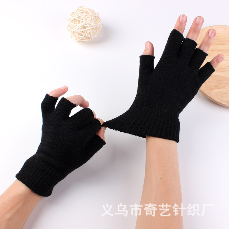Picture of Black half finger finger elastic stretch acrylic knitted winter gloves for mobile phone