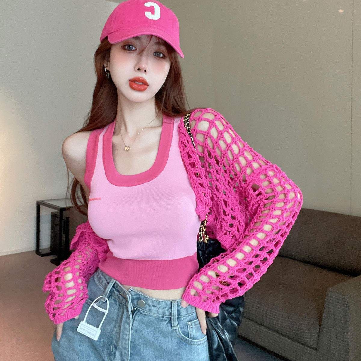 Cross-border Spice Girl New Two-piece Suit Summer Sweet and Spicy French Knitted Cardigan Top Small Camisole Women's Clothing