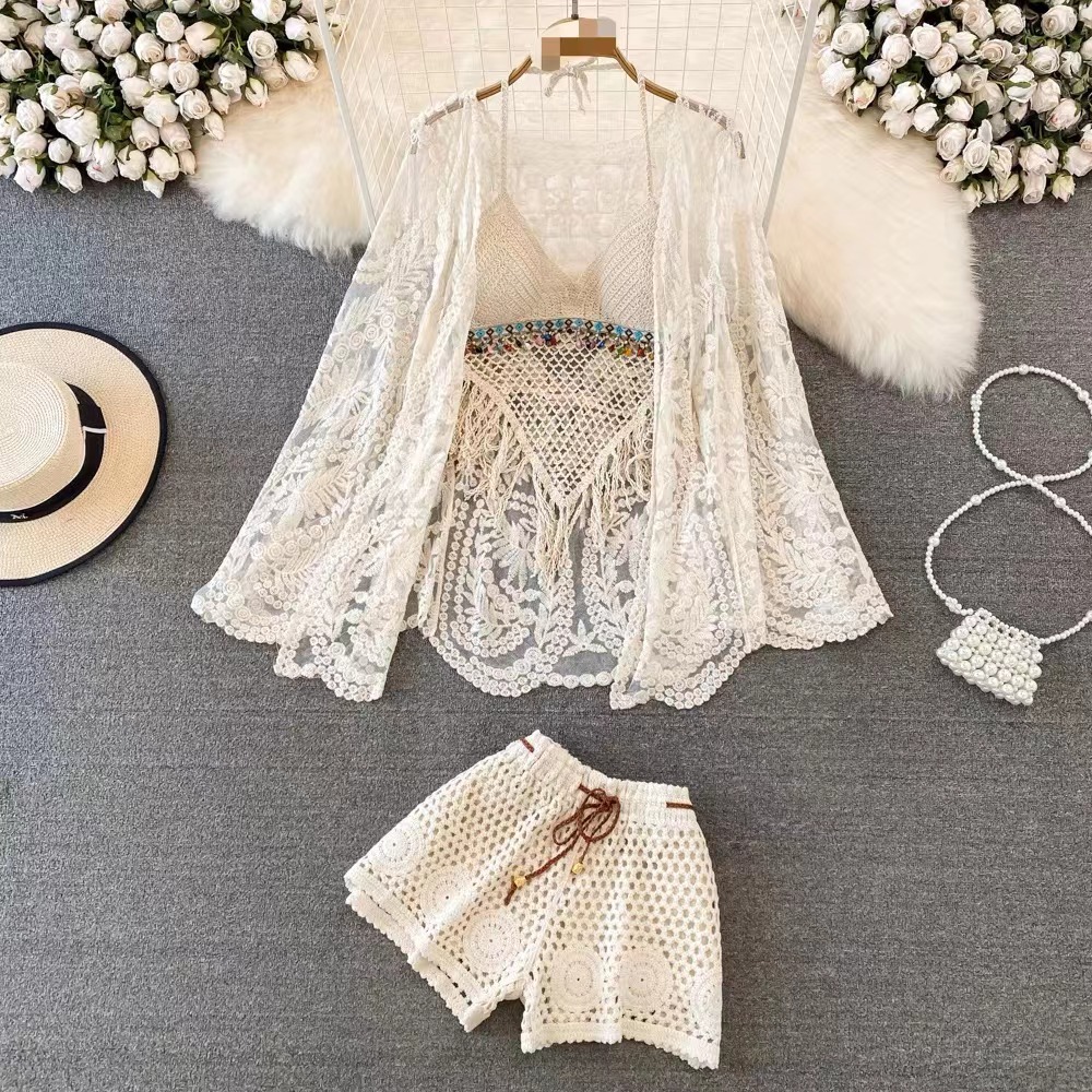 Seaside Holiday suit women's backless lace-up tube top three-piece casual shorts hollow lace sun protection shirt summer
