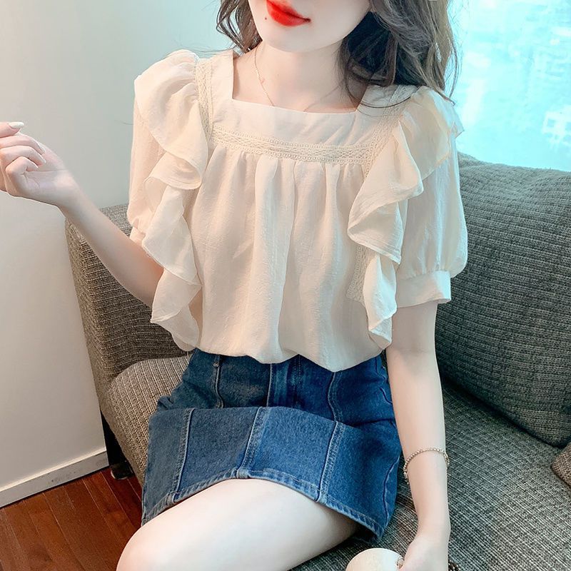 Chiffon Shirt Women's Summer Short-sleeved 2023 Beautiful Western Style Small Shirt French Clavicle Unique Top