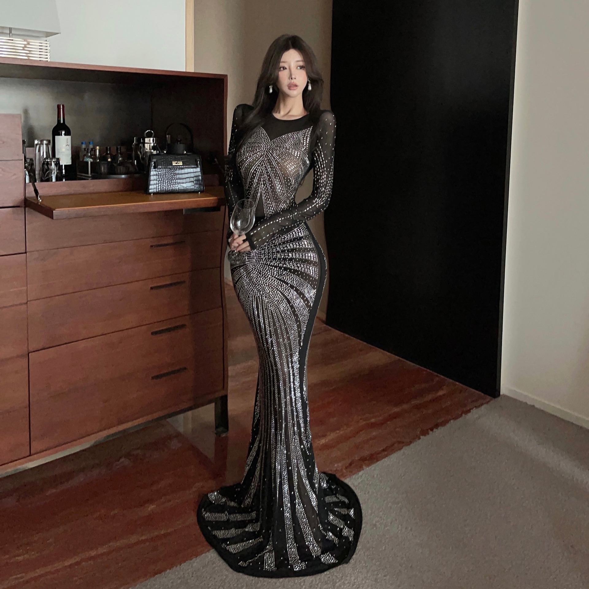AliExpress Amazon European and American Fashion Women's Mesh Perspective Sequins Hot Drilling Long Sleeve Long Dress Hip dress
