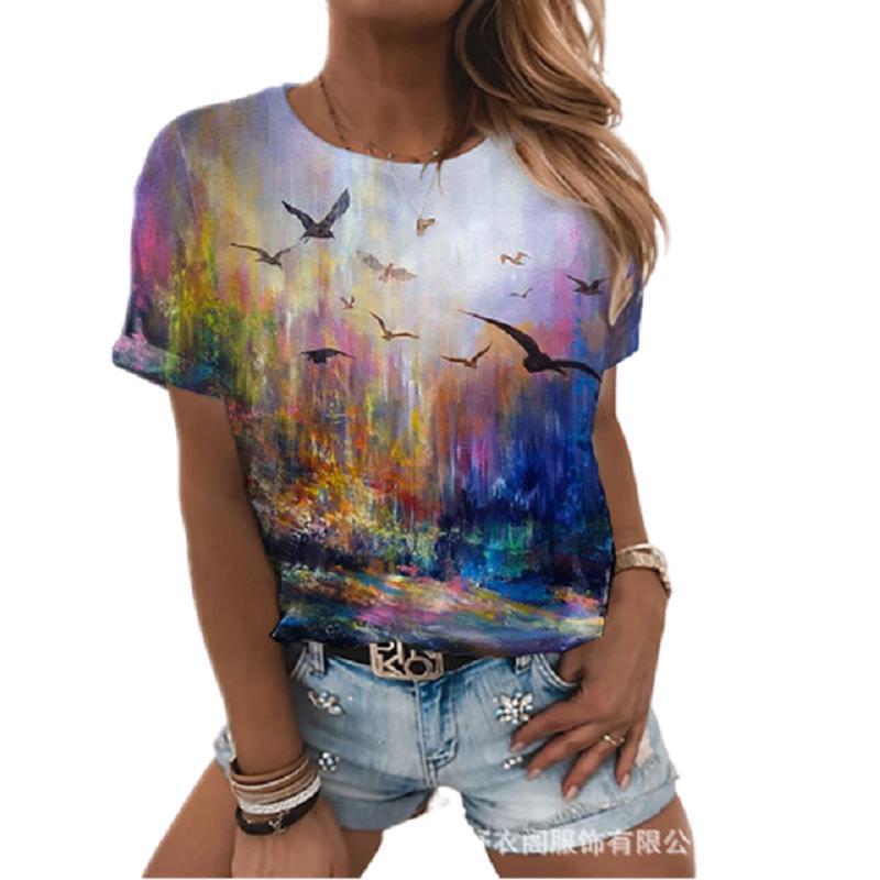 2021 European and American women's clothing AliExpress wish independent station new landscape printed round neck short sleeve t-shirt