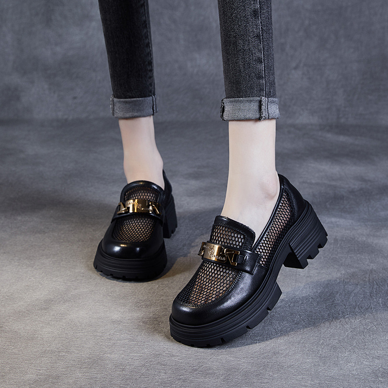 Mesh Thick-soled Loafers Women's 2024 New Summer Genuine Ventilated Mesh Small Leather Shoes Slip-on Single Shoes