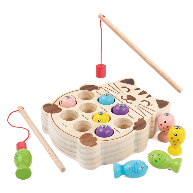 Children's Early Education Kitten Fishing Toddler Magnetic Fishing Rod Intelligence Development Concentration Training Desktop Wooden Toy