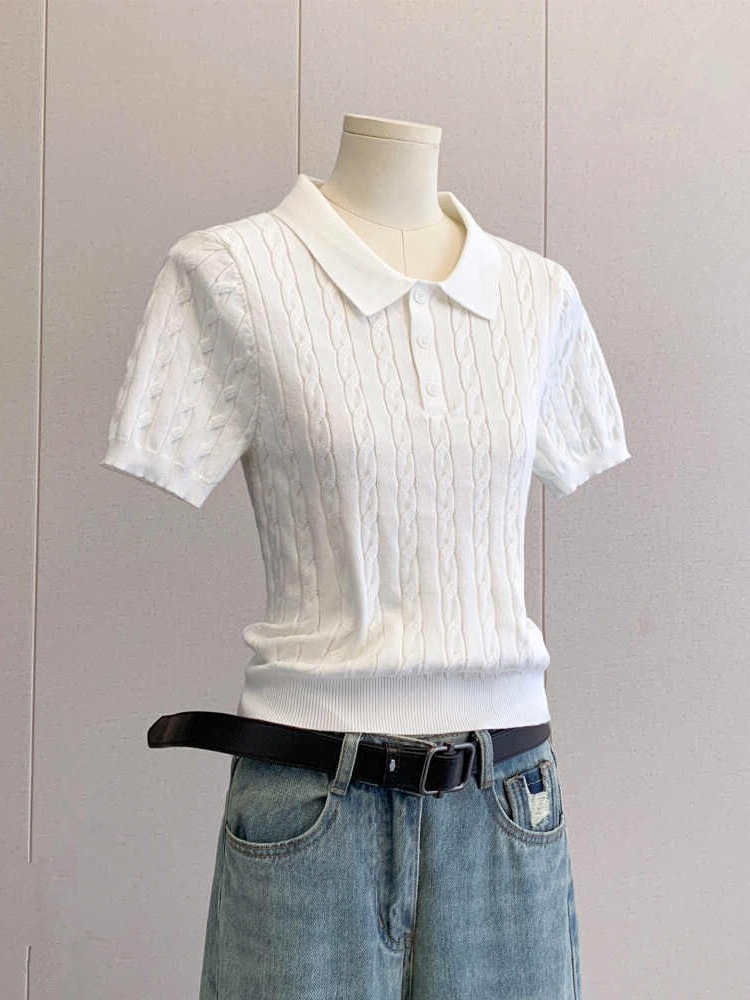 Western Style Simple Polo Shirt Lapel Twist Knitted Short-Sleeved Women's Summer Right Shoulder White Slim Korean T-Shirt Top