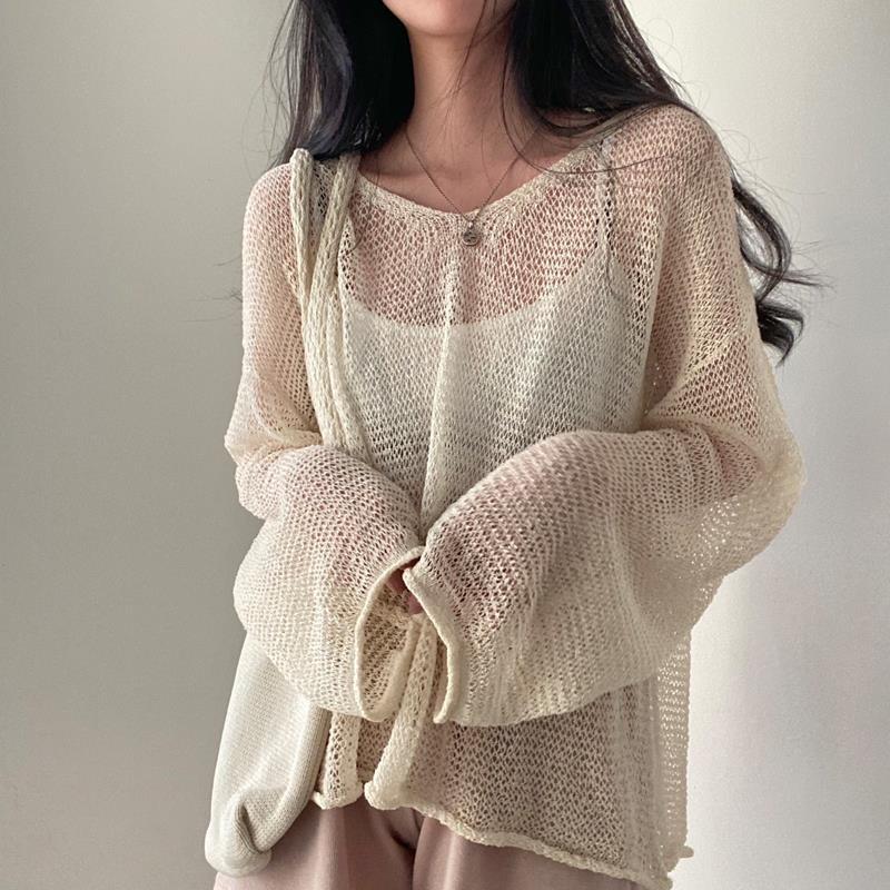 Korean Chic Summer French Retro Lazy Style Loose Long-Sleeved Cut Out Thin Knitted Sun Protection Blouse Top for Women