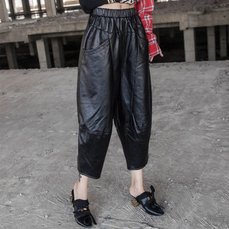 2025 Autumn and Winter New Fashionable Leather Pants Women's Elastic Waist Slimming Solid Color Nine-Point Pu Trendy Casual Easiest for Match
