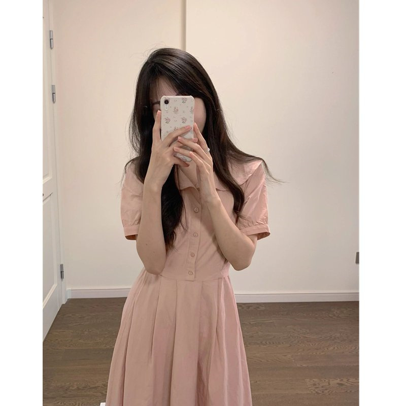 Gentle Elegant Pink Doll Collar dress Women's Summer New Age-reducing Waist Slimming Mid-length Dress