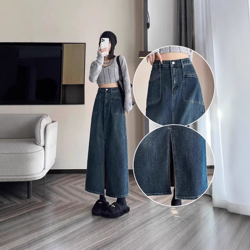 Front Split Denim Skirt Women's Autumn and Winter High Waist A- shaped Pear Figure Slimming Small Over-the-Knee Mid-length Skirt