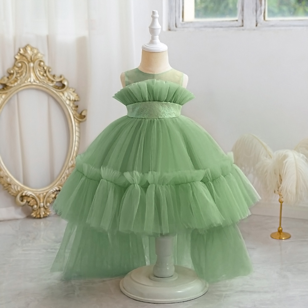 Picture of New One-year-old Dress Short-sleeved Pleated Mesh Lace Trailing Princess Dress Ponked Yarn Flower Children's Wedding Dress