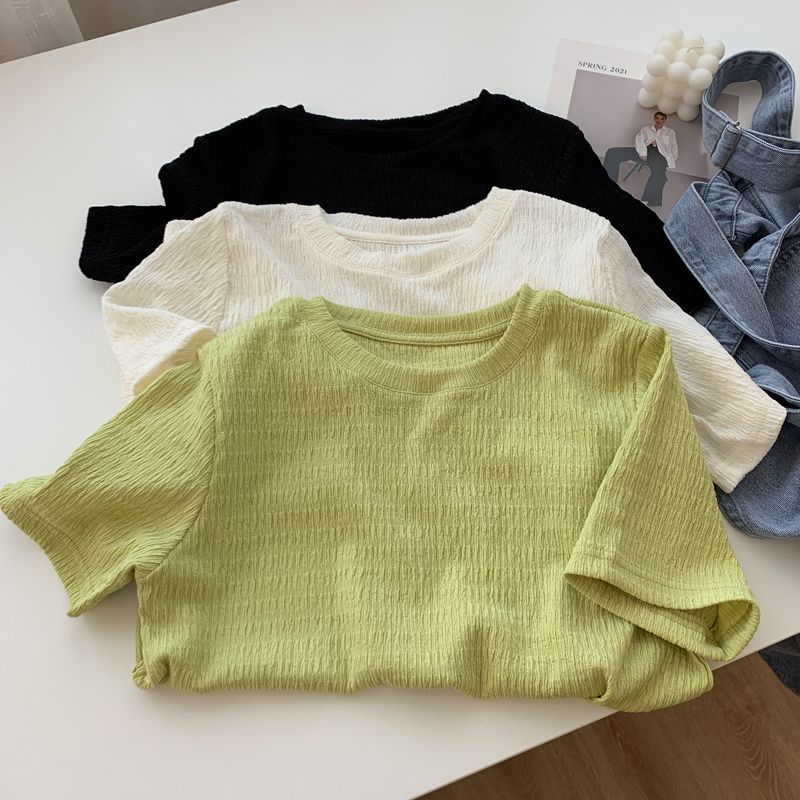 Picture of Ins Super Fire Texture Short-sleeved T-shirt Women's Summer Loose Slimming All-match Sweet and Vassal Style Solid Color Half-sleeved Clothes Trendy