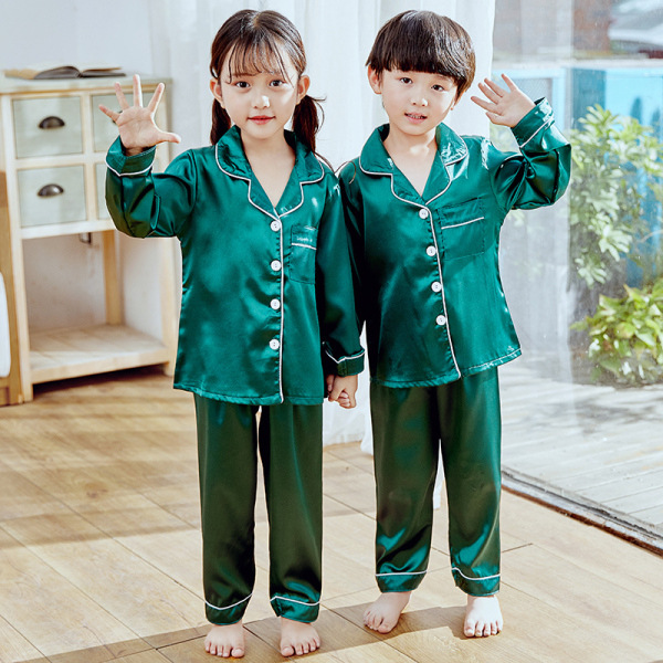 Picture of Spring and Summer Children's Pajamas for Boys and Girls Solid Color Silk Cardigan Long Sleeve Trousers Children's Home Clothes suit