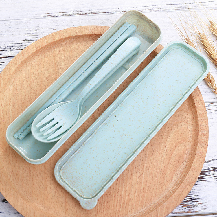 Picture of Wheat Straw Tableware Fork, Spoon and Chopsticks Three-Piece Set Scandinavian Color Kidsren's Outdoor Travel Picnic Portable Tableware Set