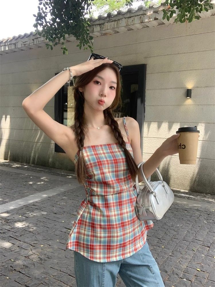 French Tube Top Red Plaid Camisole Women's Summer Outer Wear Unique and Super Nice Waist-Cinching Sexy Sleeveless Top